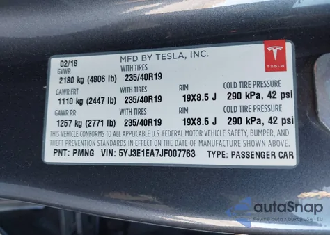2018 Tesla Model 3 Mid Range/Long Range from USA, damaged, VIN 5YJ3E1EA7JF007763